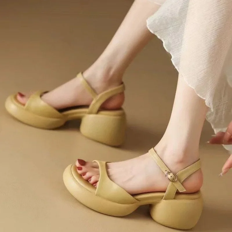 2024 New Summer Women’s Outer Sandals Korean Style Strap High Heels Fashion Design Party and Work Ladies Casual Shoes