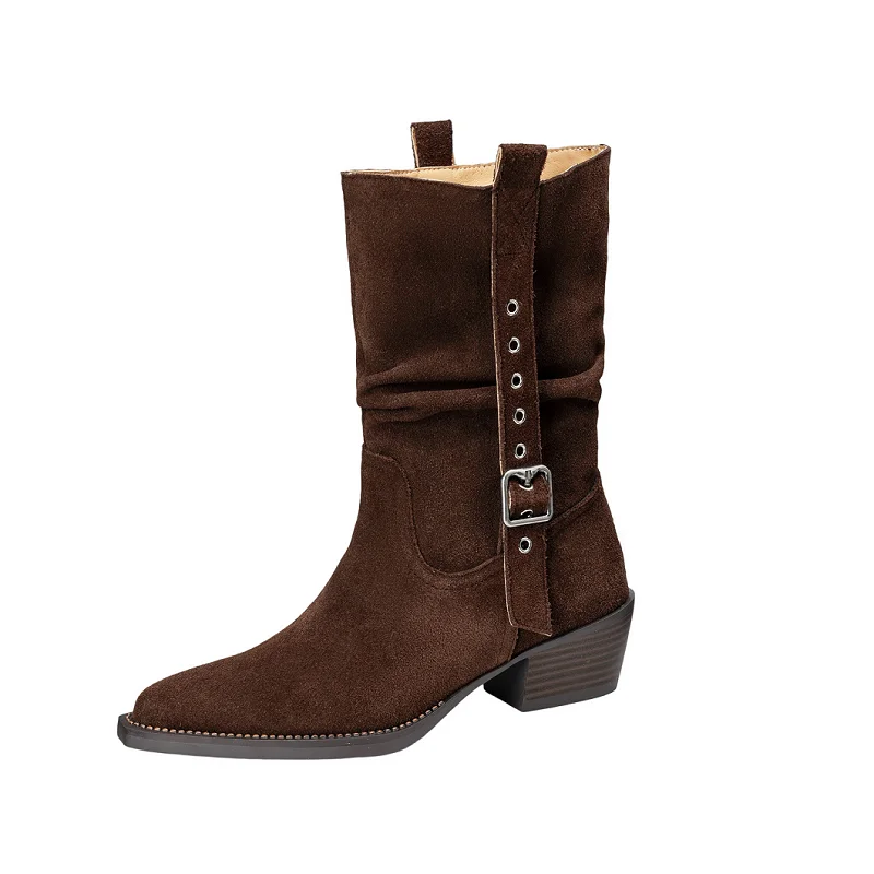 

Женские ботинки в стиле вестерн, новые модные элегантные туфли на квадратном каблуке ручной работы, коричневые ботильоны из натуральной кожи, ковбойские сапоги с пряжкой