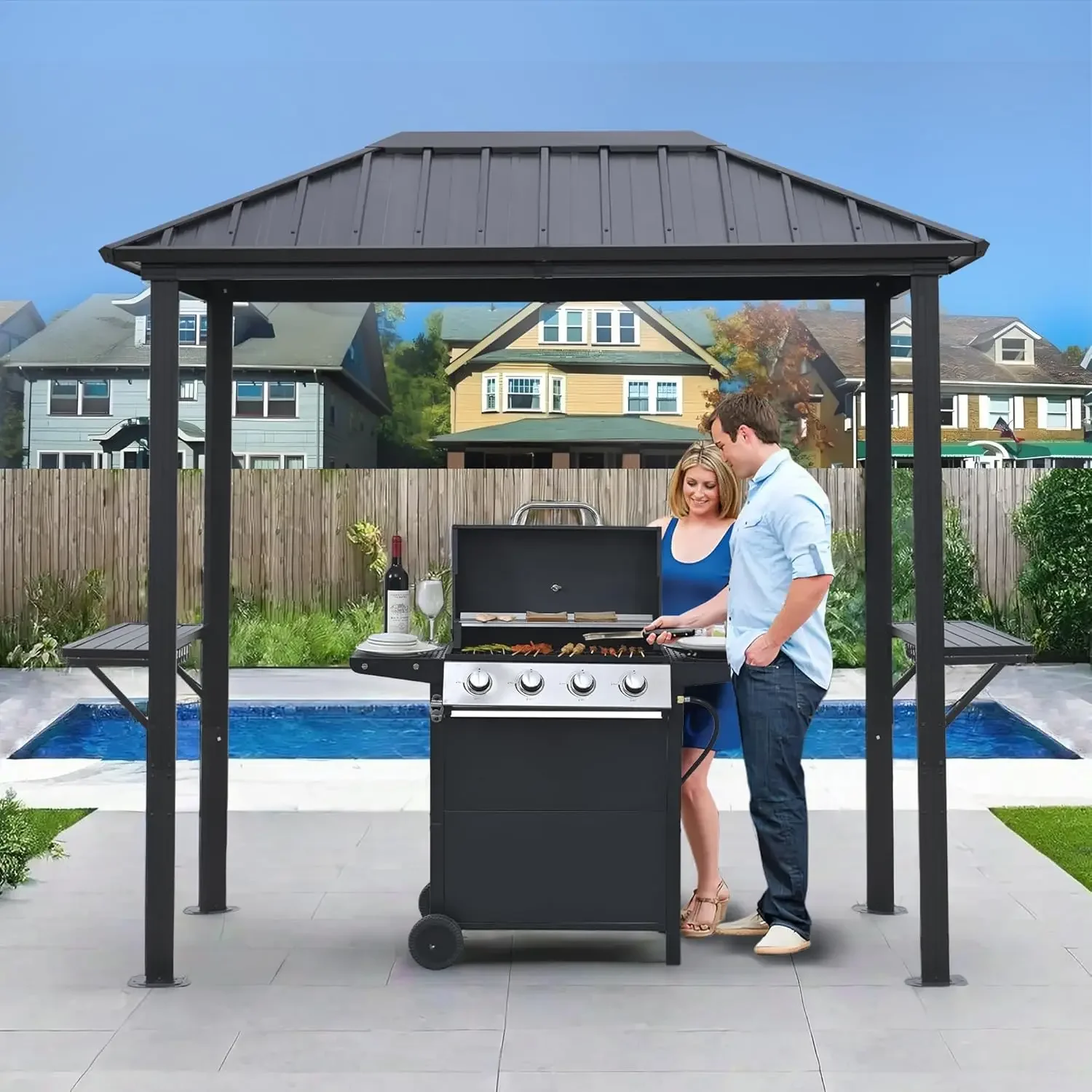

5x8ft Hardtop Grill Gazebo Aluminum Frame Galvanized Steel Roof Double Shelves Outdoor Patio Backyard Lawn Garden Custom