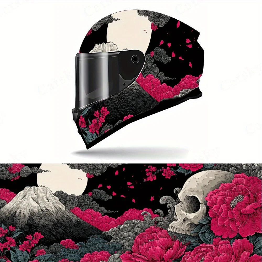 

Purple red flower clusters and tranquil mountains motorcycle vinyl wraps helmet decal,self-adhesive waterproof helmet decoration