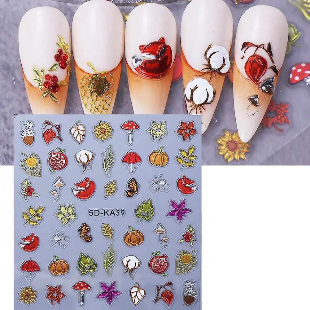 5D 메탈릭 가을 엠보싱 네일 스티커, 가을 나뭇잎, 호박, 버섯, 솔방울, 여우, 접착식 네일 아트 슬라이더, 매니큐어용