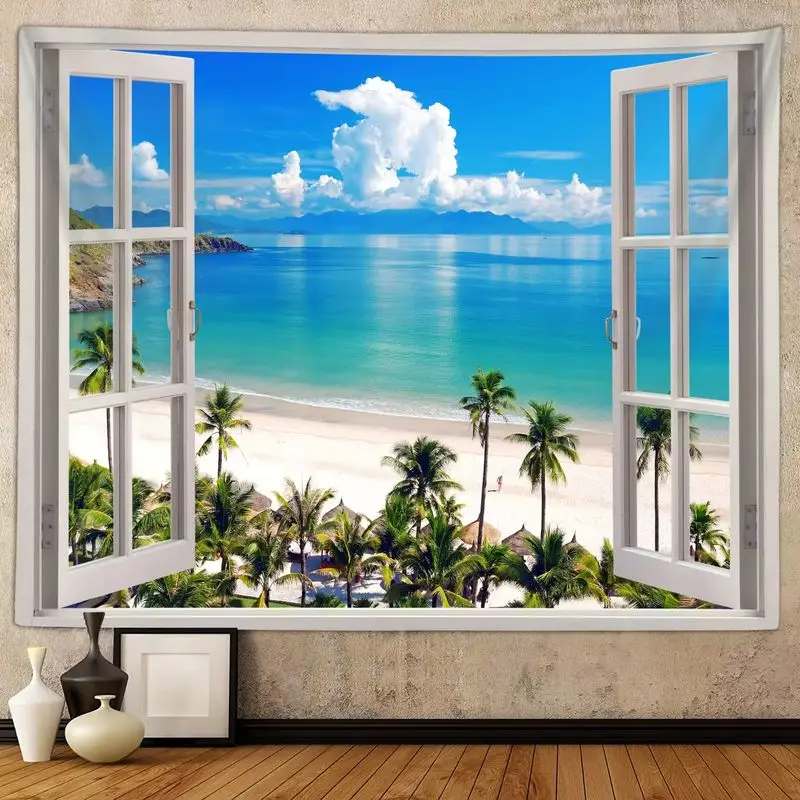 VIKAMA Window View Beach Tapestry Tropical Palm Tree Ocean Sea Print Wall Hanging For Living Room Bedroom Decor Banner