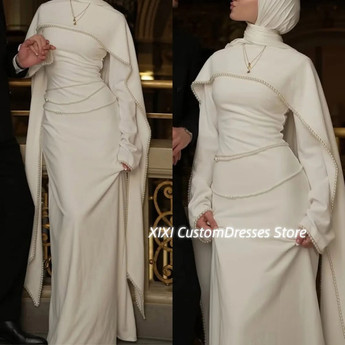 

Column Elegant Party Dresses For Women Scoop Neckline Floor-Length Ruffle Luxury Evening Dresses Zipper Up Long Sleeves Cocktail