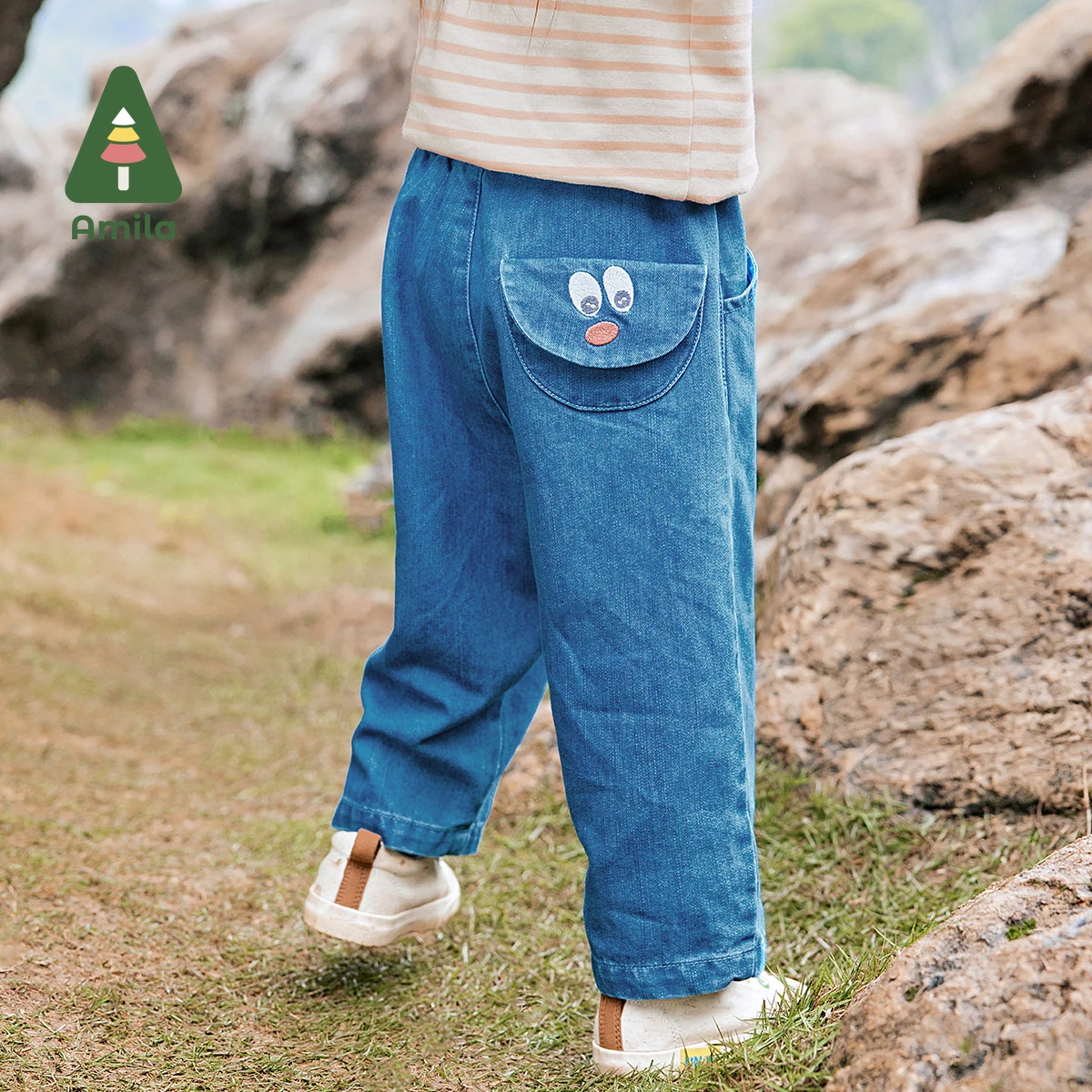 Amila Baby Jeans 2024 Autumn New Boys And Girls High Quality Solid Color Exquisite Embroidery Loose Casual Children\'s Trousers