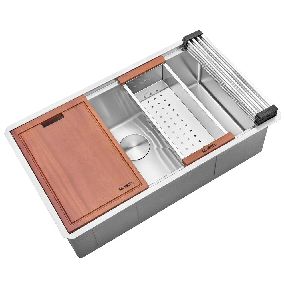 

33inch Round Corner Undermount 16 Gauge Stainless Steel Workstation Kitchen Sink Single Bowl Soundproof Multifunction Chef Sink