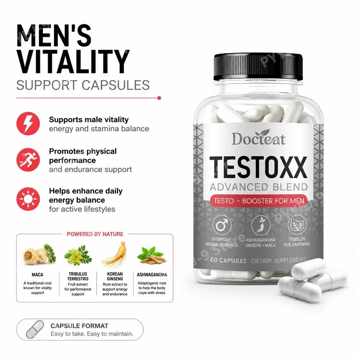 Docteat TESTOXX Maca Ashwagandha Capsules, Ginseng Tribulus, Men's Vitality, Energy, Stamina & Performance Support, 60 Count