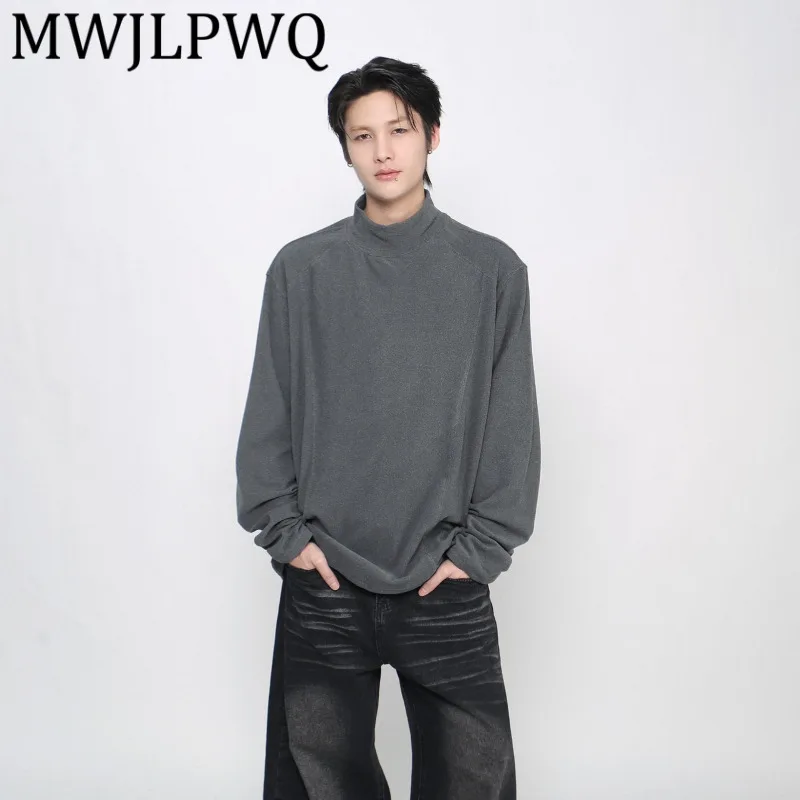 

MWJLPWQ, осенне-зимняя теплая базовая рубашка в американском стиле ретро с высоким воротником и длинными рукавами, мужской универсальный пуловер для пар, повседневные топы 21750
