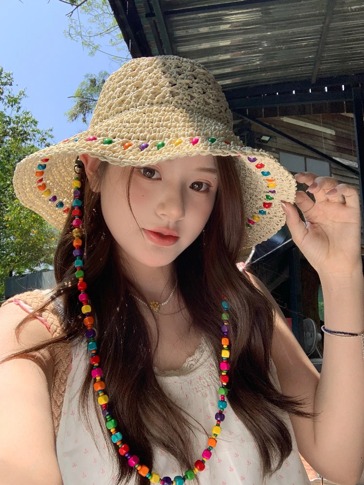 Summer New Women's Large Brim Straw Hat Hollow out Design Beach Sun Protection Fisherman Hat Casual Style round Top Hat