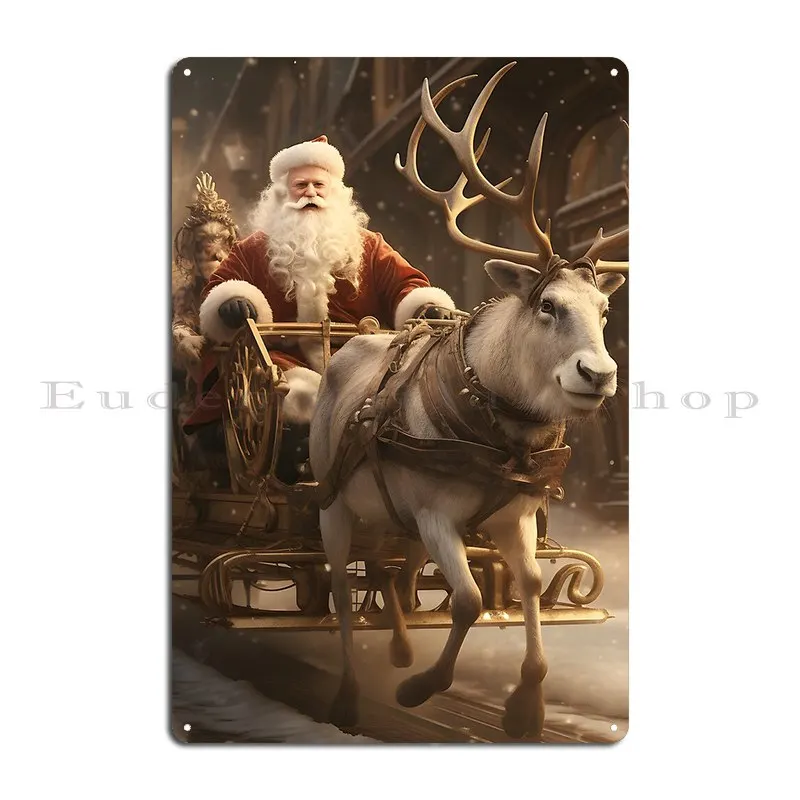 santa claus is sitting in a chariot with a deers Metal Plaque Poster Garage Club Cinema Cinema Customized Tin Sign Poster