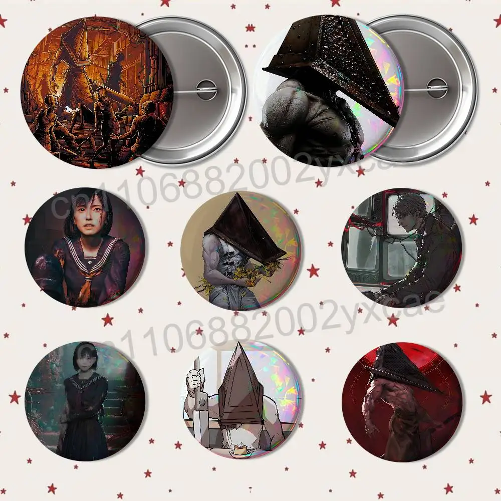 Silent Hill game Pyramid Head Reflective Pin Tinplate Round Brooch Cartoon Cosplay Badges for Bag Hat Toys Gifts