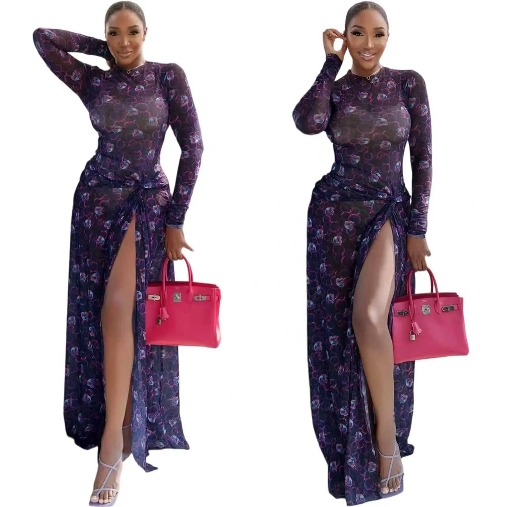 Y6067 ชุดเดรสแฟชั่นผู้หญิงใหม่ ประจำปี 2025 สำหรับฤดูใบไม้ร่วงและฤดูหนาว ดีไซน์หรูหรา ผ้าตาข่าย ผ่าสูง แขนยาว