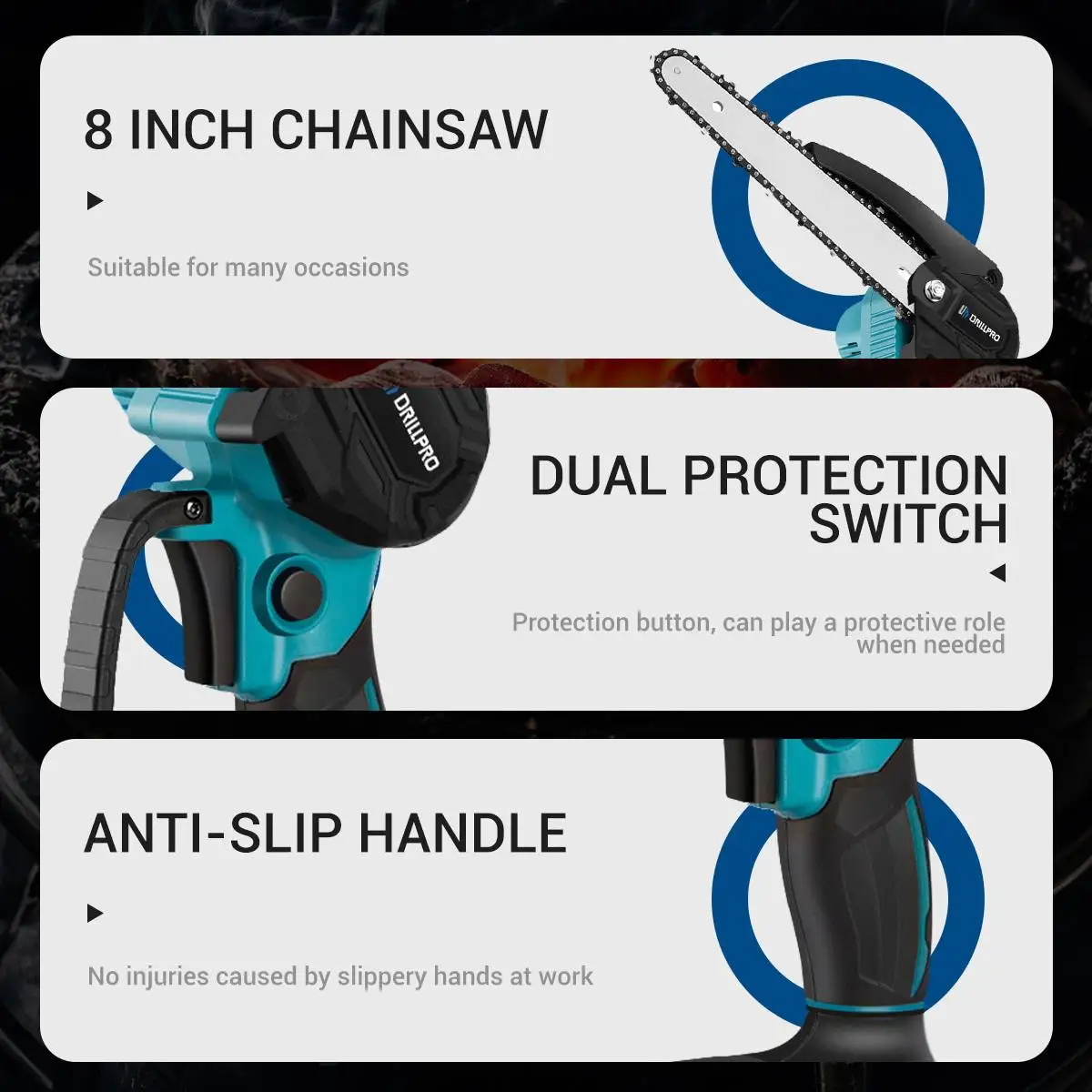 Drillpro 8 Inch Brushless Chain Saw Mini Handheld Pruning Chainsaw Woodworking Electric Saw Cutting Power Tool for  Battery