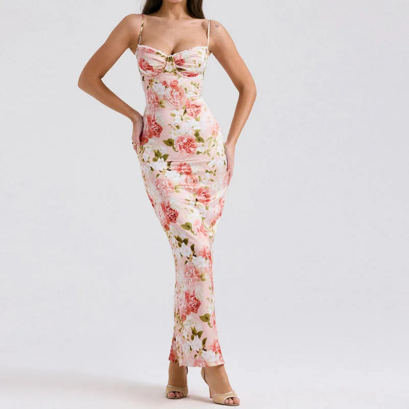 French temperament floral long skirt pure desire slim sling dress women, summer sexy sleeveless long skirt women