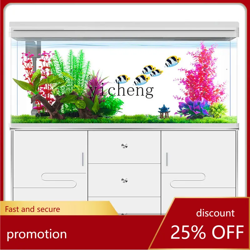 PYH  Aquarium Floor Lazy Change Water Ecological Glass Small Fish Globe with Cabinet