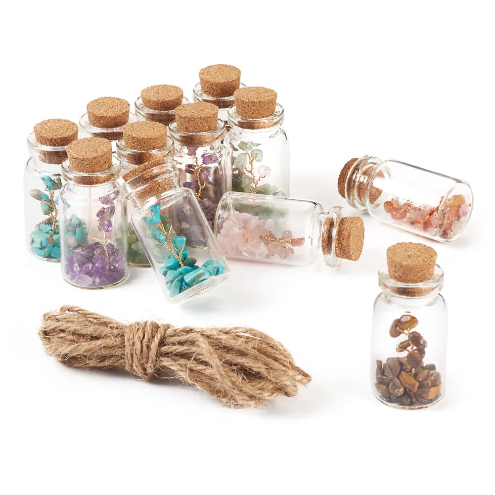 12pcs Glass Wishing Bottle with Tree Shape Mix Synthetic & Natural Gemstone Beads Chips Wicca Gemstone Balancing Jewelry Making