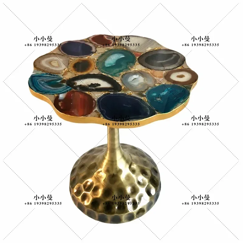 Pure Copper Natural Colorful Agate Edge Table Lamp for Villa Hotel Living Room Home Decor Lighting Fixture