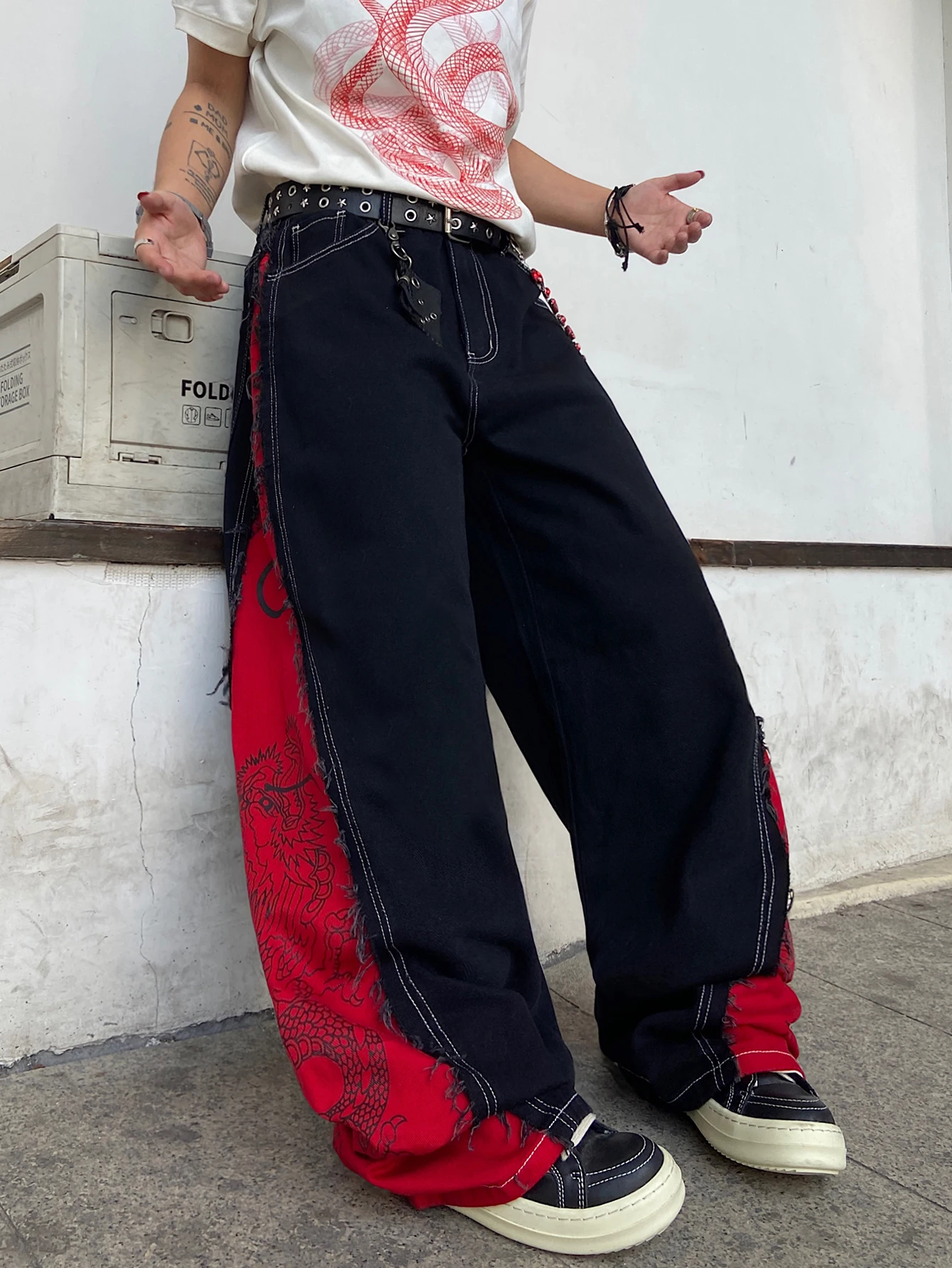 High Street Retro Black And Red Splicing Printed Washed Black Baggy Jeans Men Y2K Street Hip-Hop Trend Versatile Wide-Leg Pants