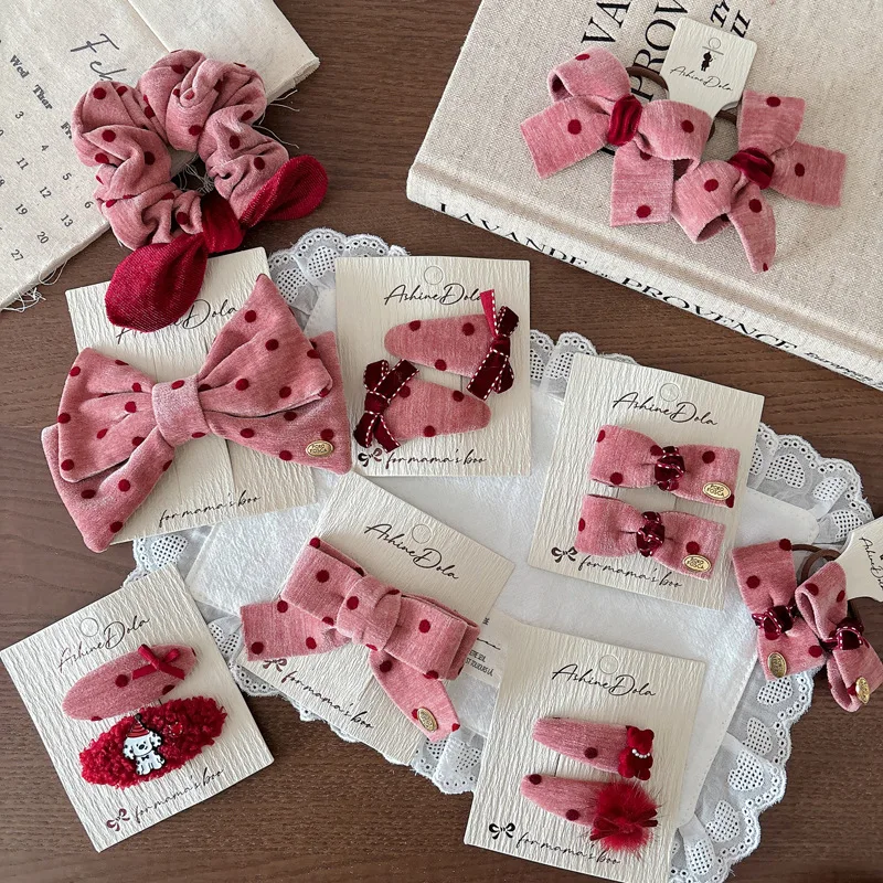 

Korean Polka Dot Bow Hair Clips & Scrunchies Set Sweet Kawaii Fabric Hair Ties Alligator Clips for Girls Cute Gift