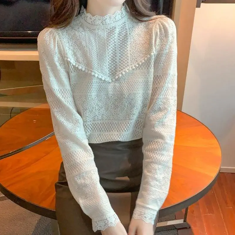 Half High Collar Lace Undershirt Women\'s Autumn New Fashion Versatile Chiffon Shirt Top with Inner Layer Small Shirt