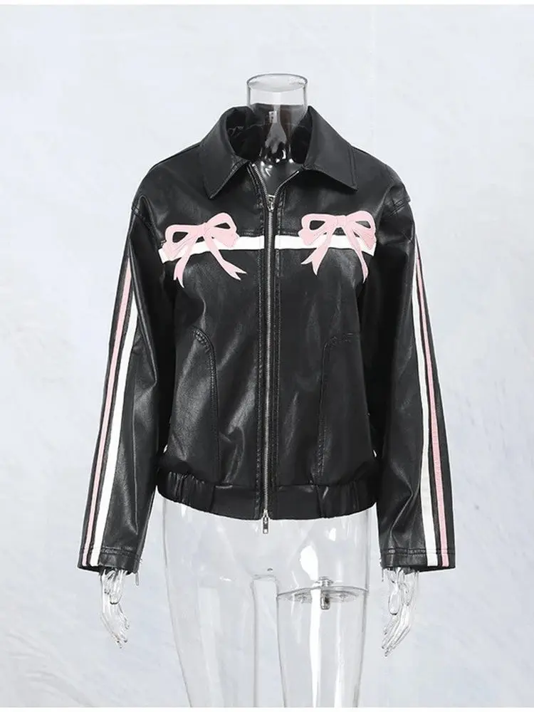 Street Sle Sweet Cool Bla chaqueta de cuero PU con pajarita abrigo de Otoño Invierno para mujer ajuste holgado largo cierre de cremallera Sve