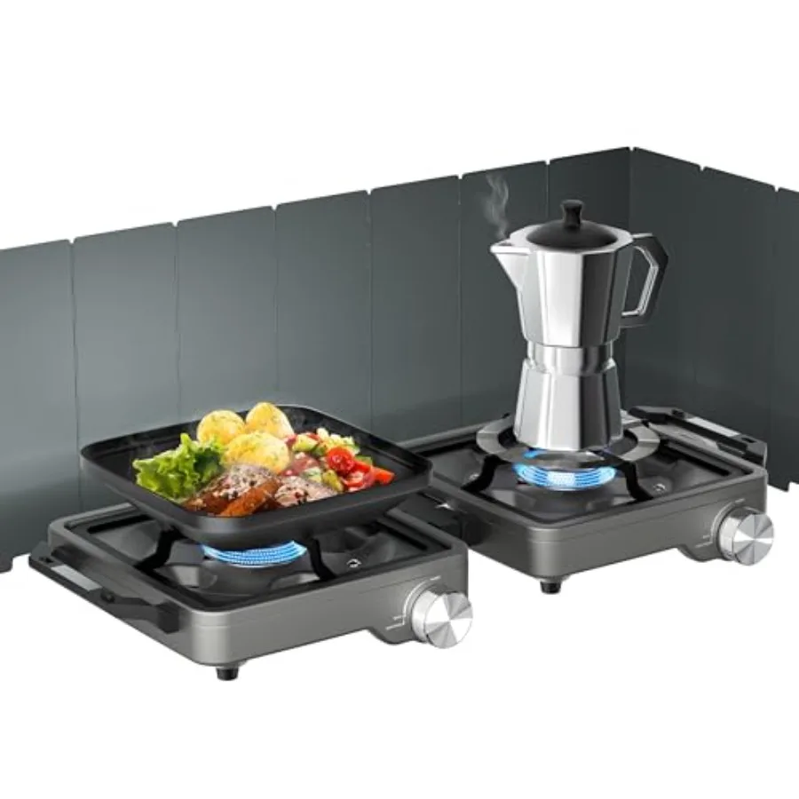 

Портативная походная газовая плита на 2 конфорки, 27000 BTU, с ветрозащитой, регулируемыми горелками, сумка для переноски, черная