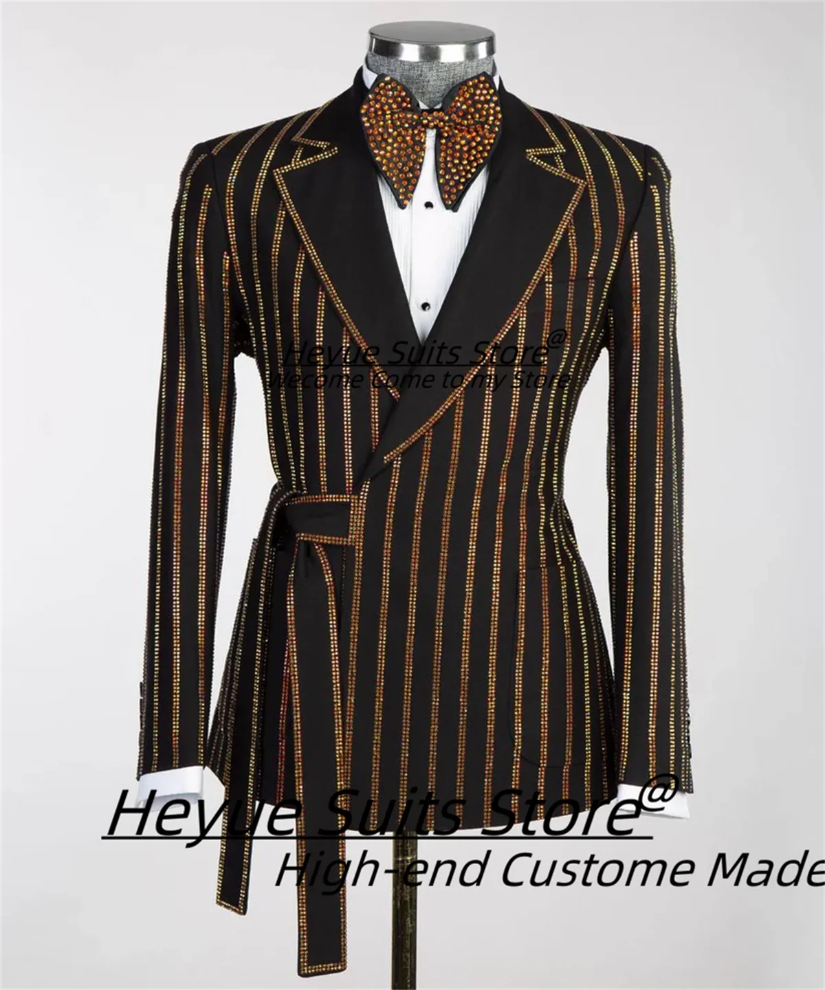 Gold Stripe Stoned Design Men Suits High-end Slim Fit Notched Lapel Groom Wedding 2 Pieces Sets Male Prom Blazers Costume Homme