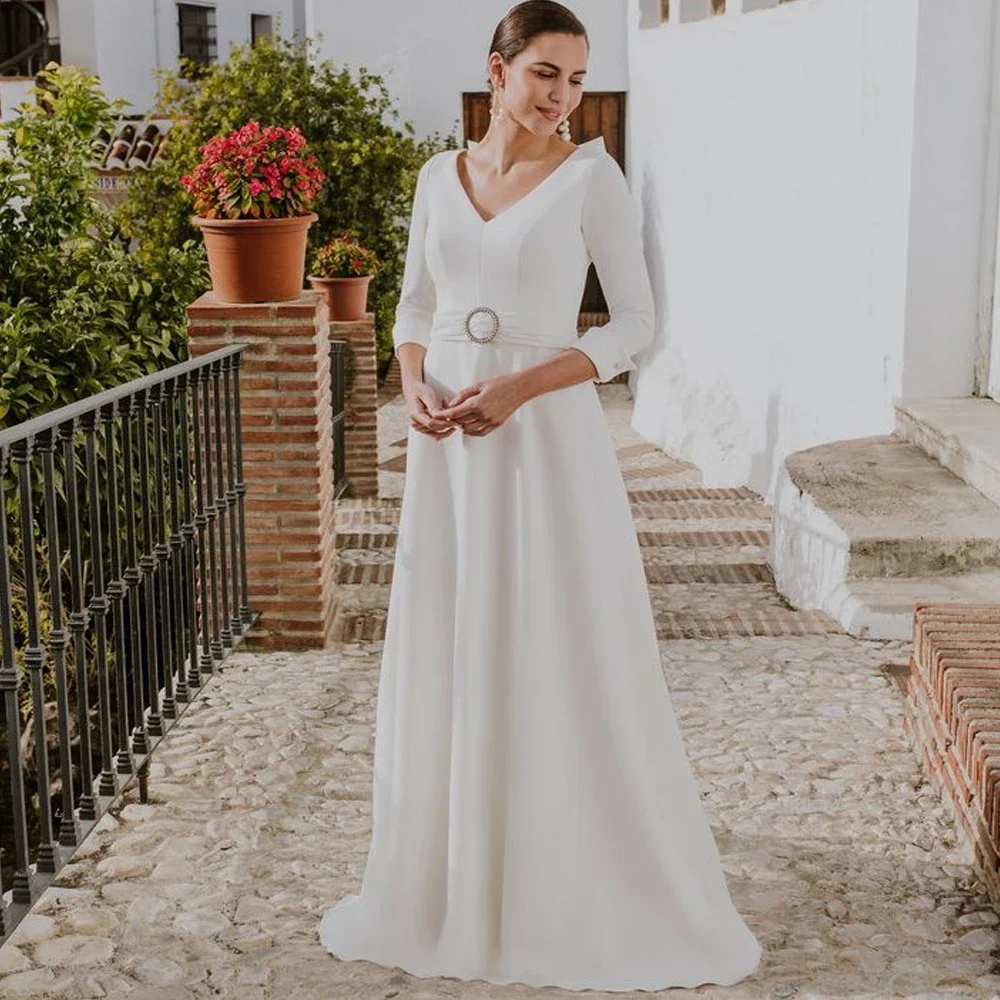 

Customized Simple Wedding Dresses Temperamental Court Train High Quality Women Smooth A-line V-neck Long Open Back Bridal Gown