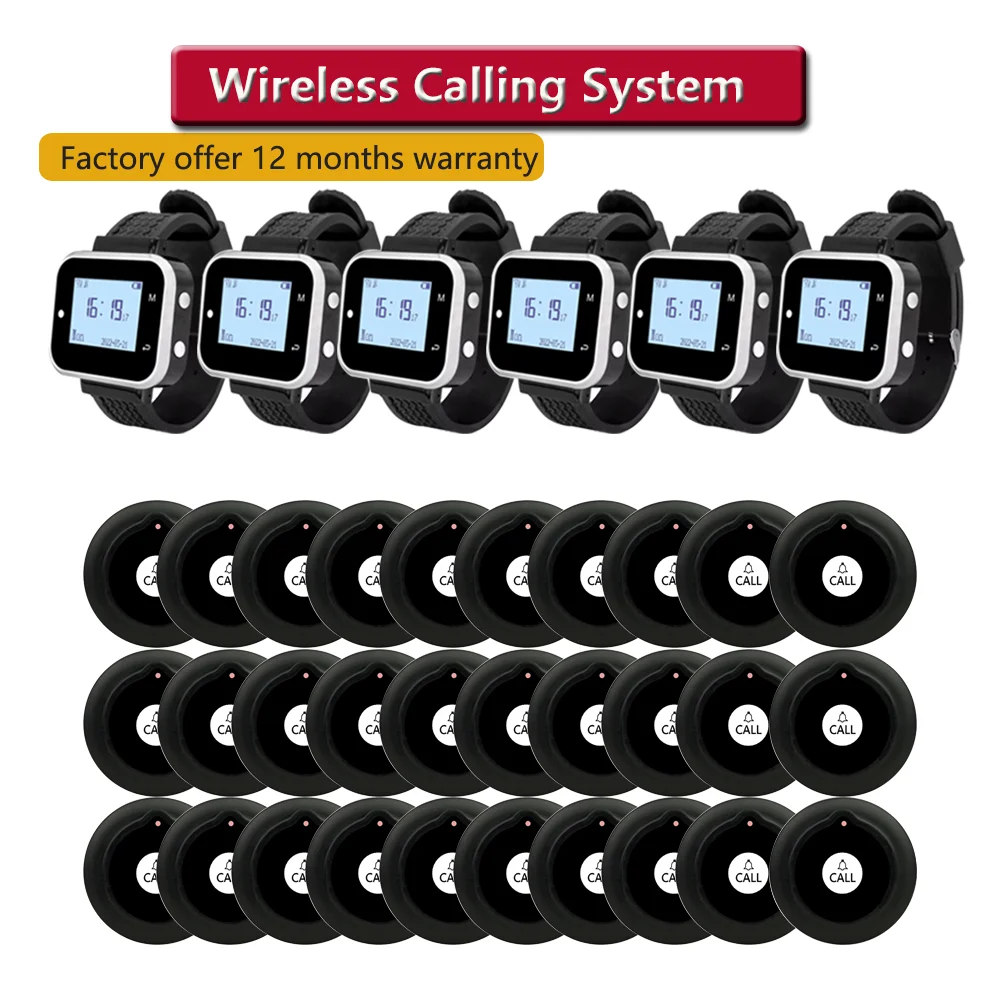 QWICALL 30 Button Bell Wireless Calling System 6 Watch Clock Hour Pager Transmitter for Restaurant