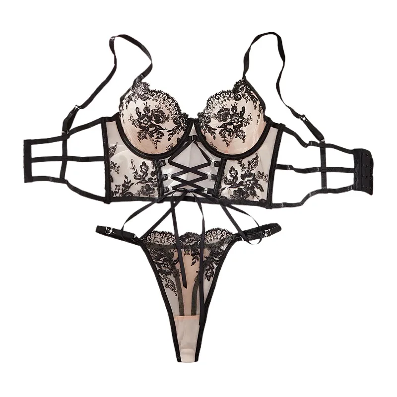 

Сексуальное белье в ретро-стиле с цветочным узором, вышивкой и перекрестными бретелями, прозрачные стринги, сексуальный комплект.