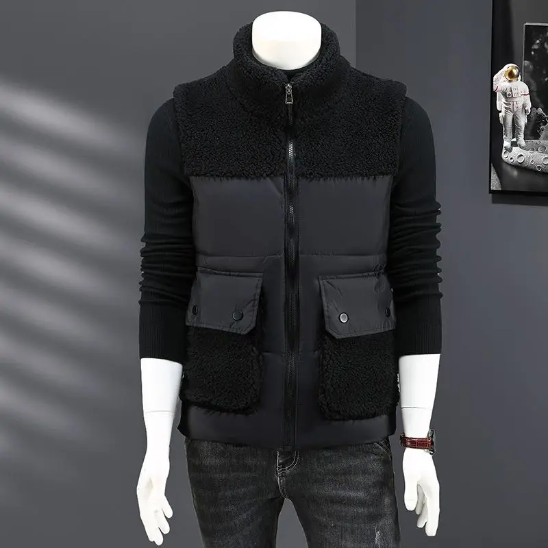 

Stand Up Collar Men's Casual Thick Lamb Wool Collar Spliced Down Cotton Vest Workwear Trendy Warm Cotton Vest