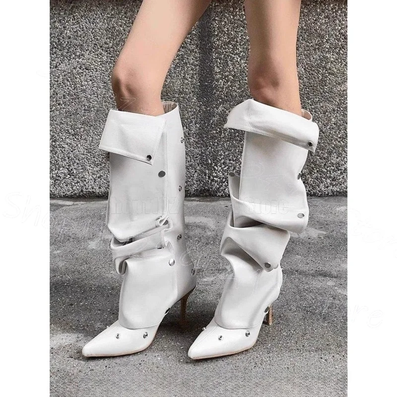 

Metal Button White Pleated Design Pointed Toe Boots Slip On Women Shoes Thin High Heels Party Banquet 2026 Zapatos Para Mujere