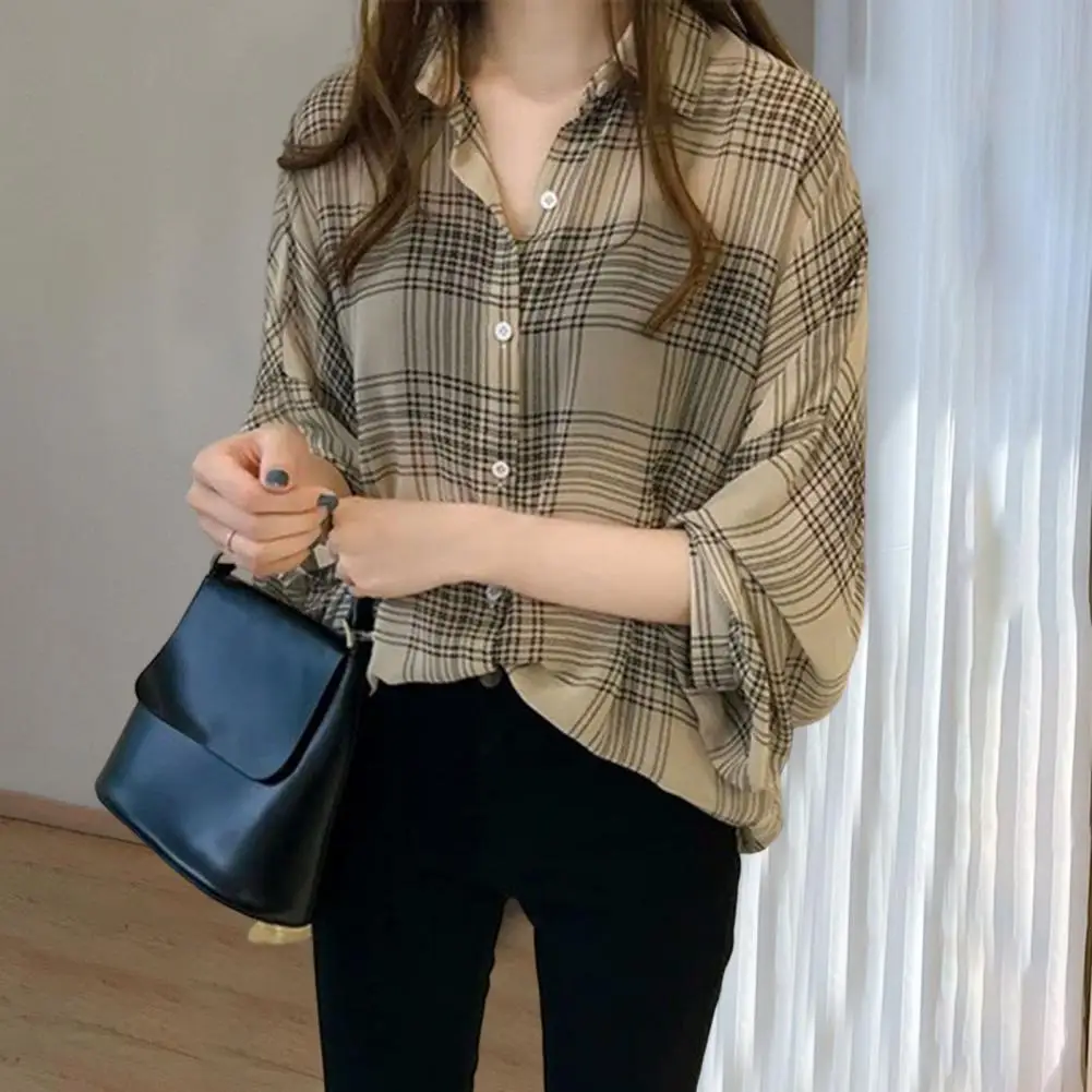 Fashion Casual Thin Chiffon Loose Batwing Sleeve Plaid Women Shirt 2022 Office Lady All-match Lapel Button Oversize Woman Blouse