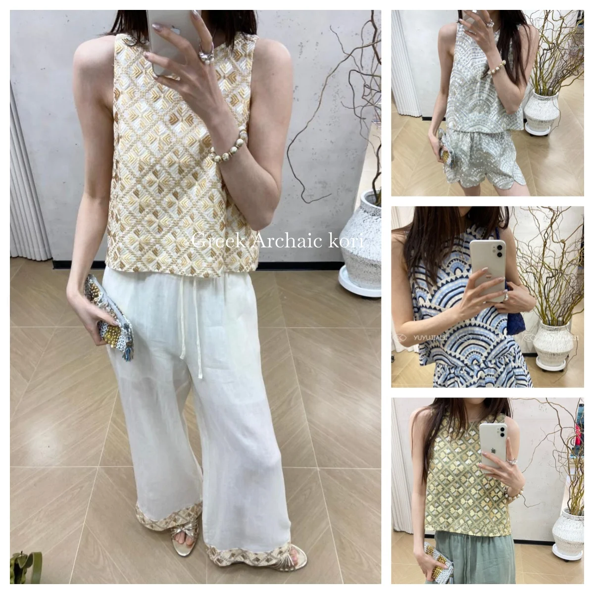 Chaleco de Manga Corta para Mujer, Primavera-Verano, con Bordado Geométrico Arcaico Kori 26, Tejido de Mezcla de Algodón, Cuello Redondo, Botón Único