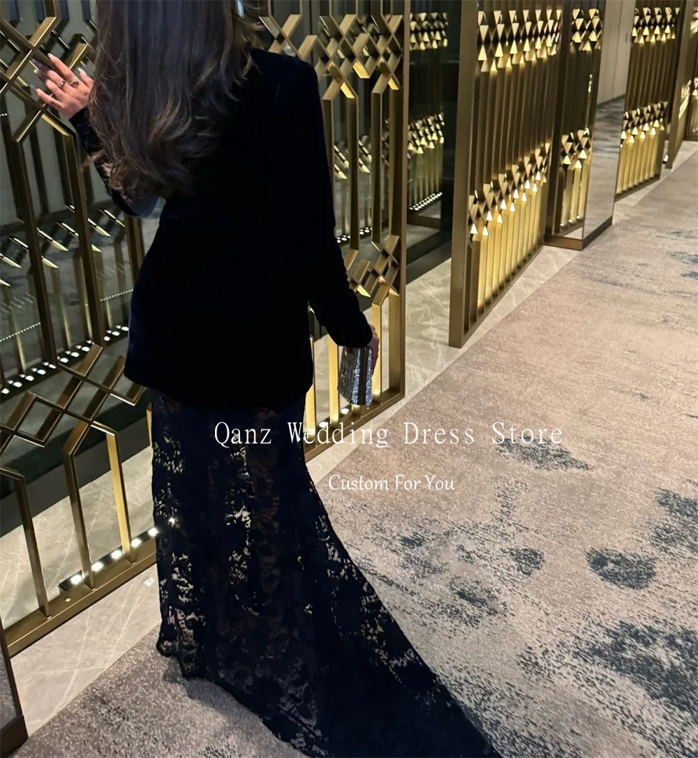 Qanz Black Velvet Prom Dresses Mermaid Long Sleeves Lace Abendkleider Dubai Illusion Vestidos Para Ocasiones Formales Customized