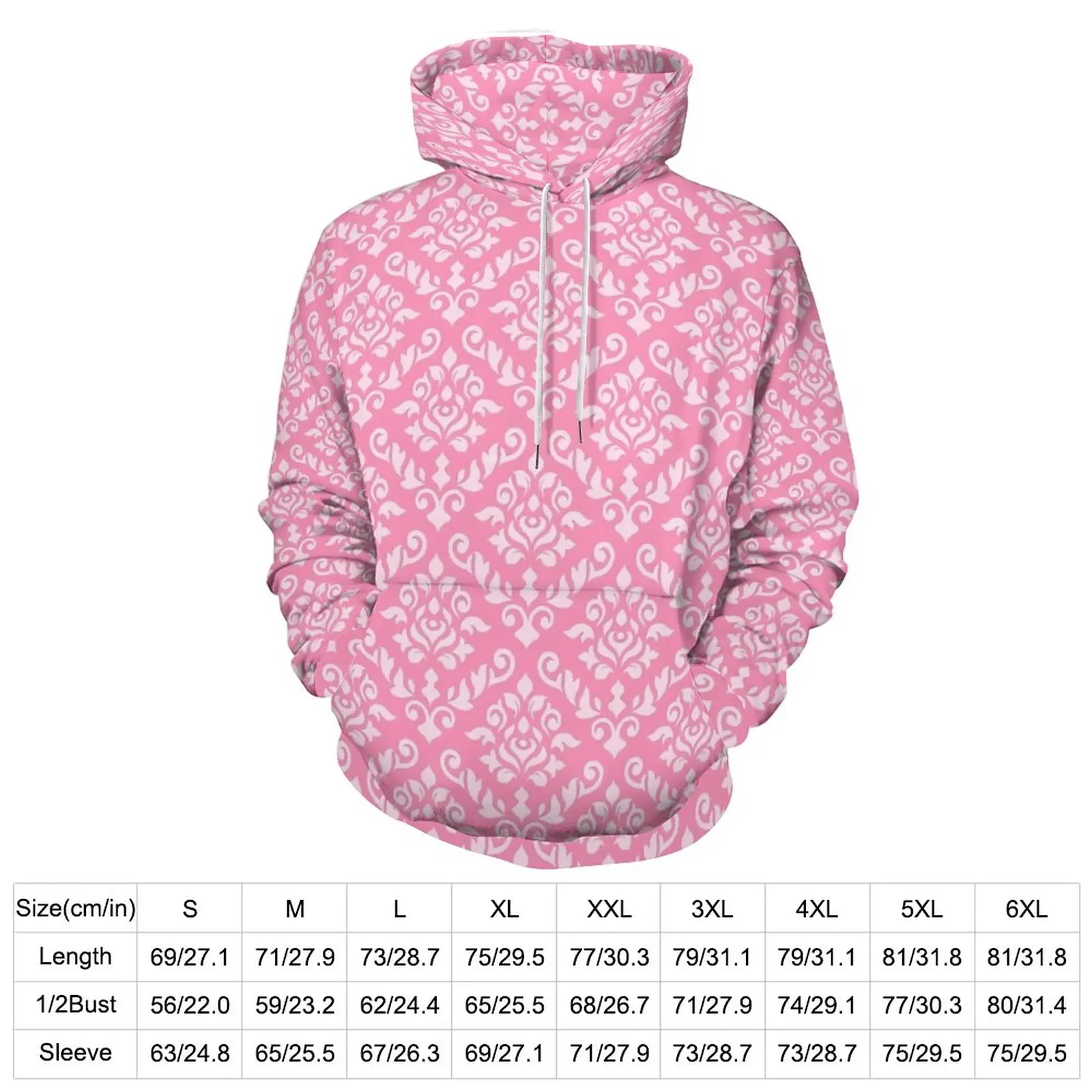 Damask Baroque Print Casual Hoodies Long Sleeve Pink And White Kawaii Hoodie Winter Street Style Custom Oversized Tops