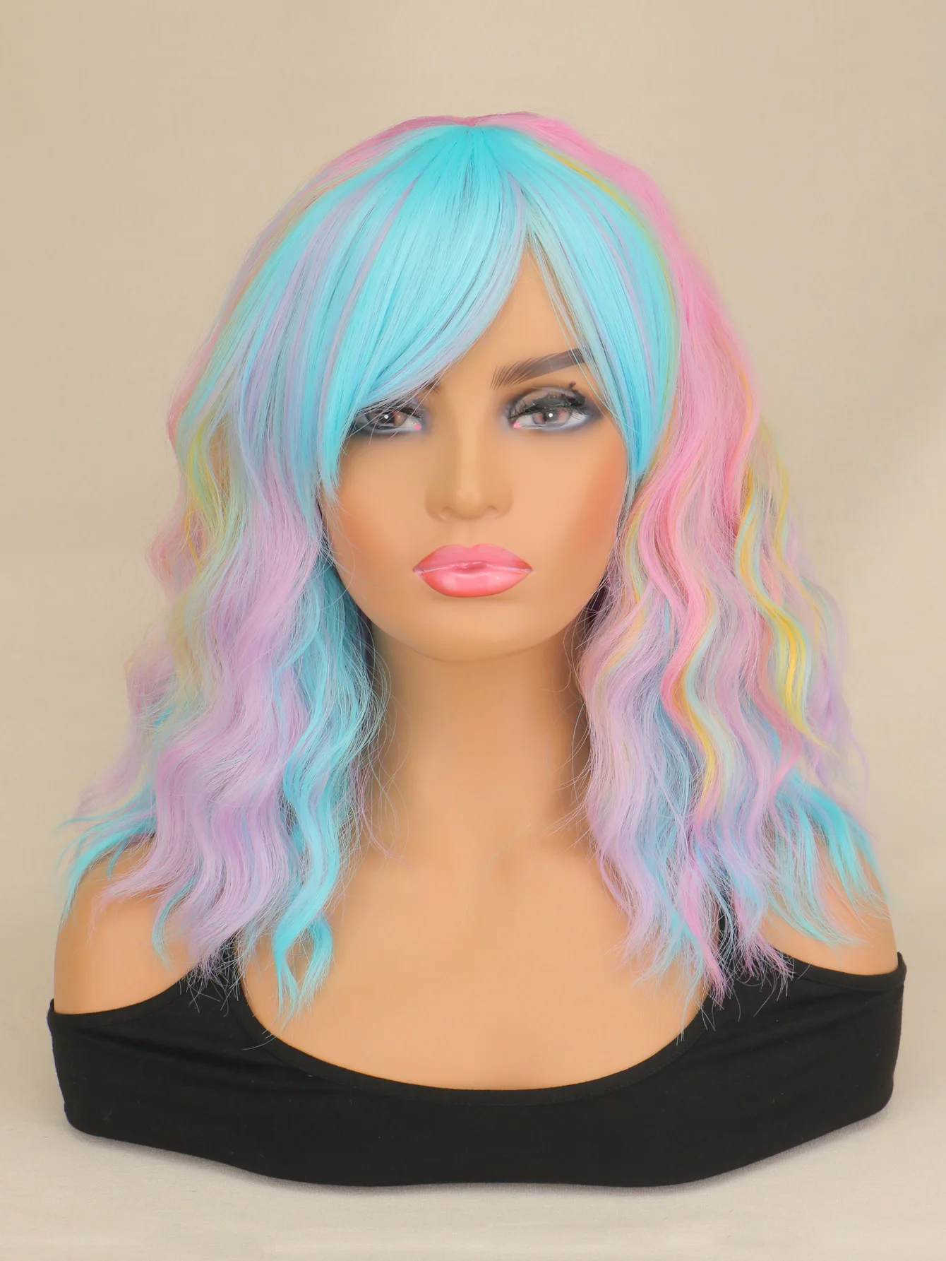 

Short Rainbow Wavy Wigs For Women Cosplacy Multicolor Pink Blue Yellow Purple Heat Resistant Synthetic Hair Wigs Party Costume