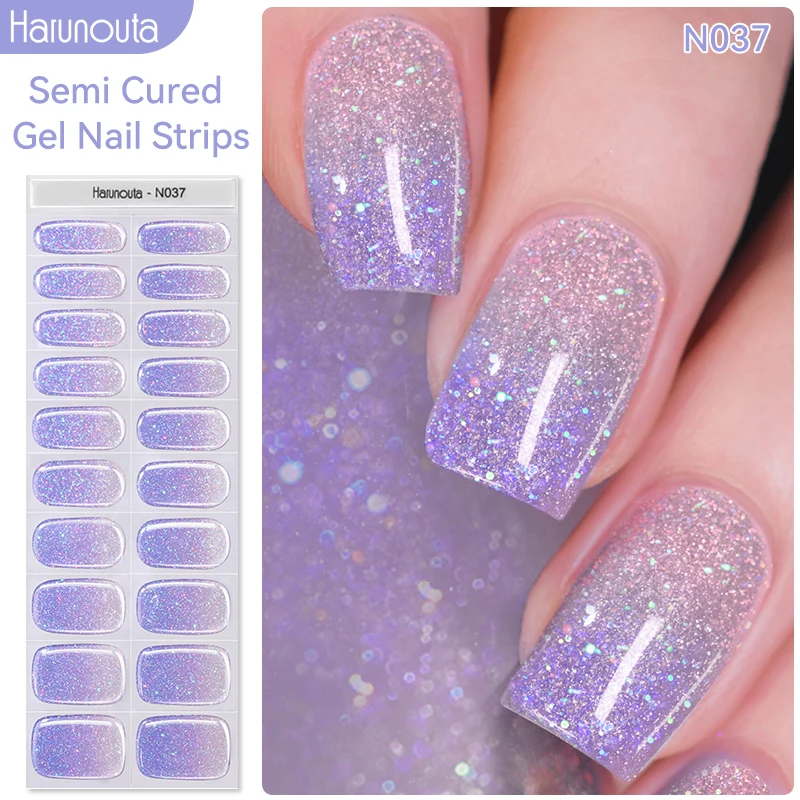 Harunouta 20Tips Holographics Semi-cured Nail Gel Wraps Press On Nails Gel Polish Nail Stickers Nail Charms Full Cover Nails