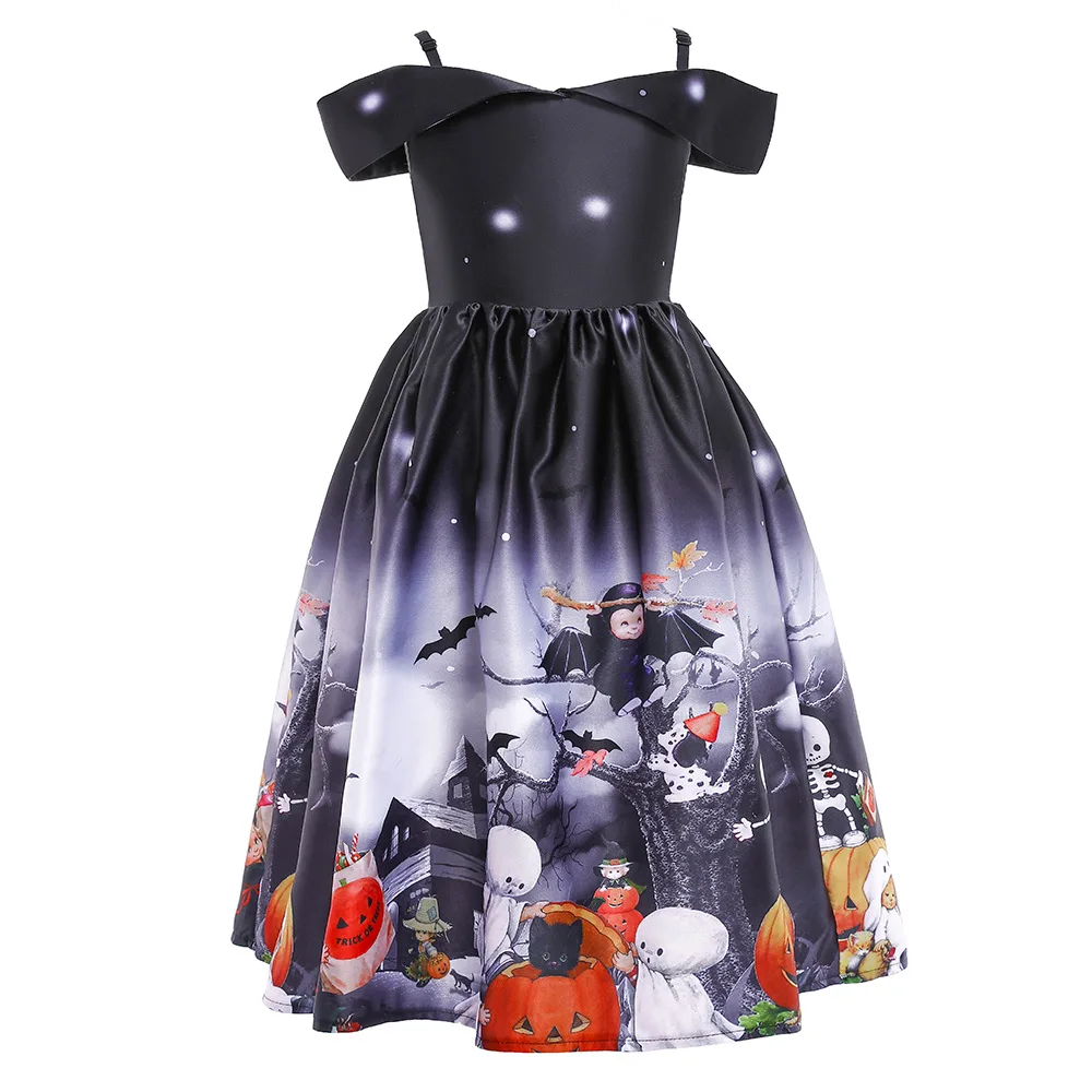 Little Girls Halloween Creepy Dress Kids Black Purple Printed Ghost Evil Night Castle Horror Cold Moon Dress Girl Dark Dress