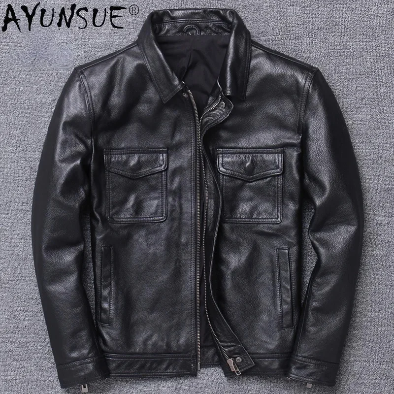 

Real AYUNSUE Cow Leather Jacket Men Short Motorcycle Coat Streetwear Biker Coats Autumn Vintage Men's Clothing Chaquetas WPY4127