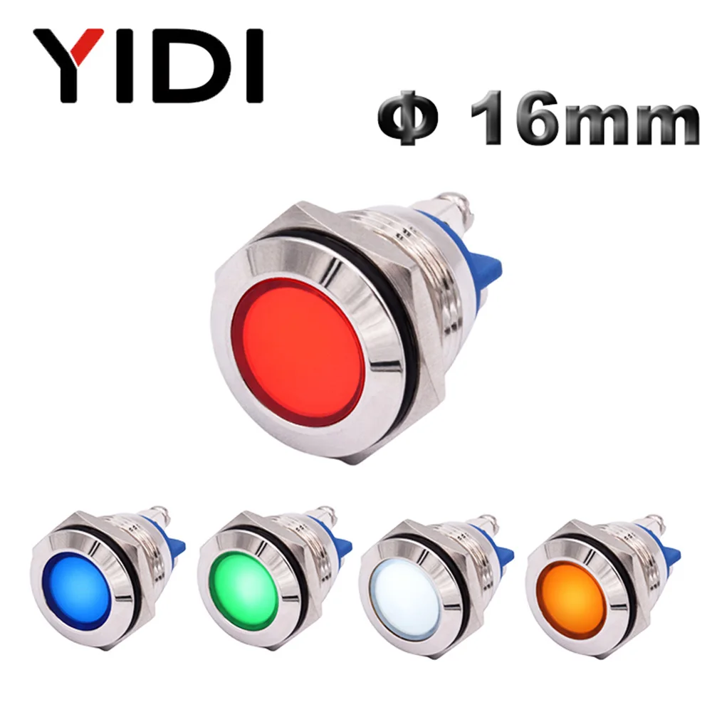 16mm Metal Indicator Light 12V 24V 110V 220V Chrome Pilot Lamp Red Green Blue White Amber Signal LED Light with Screw Terminal