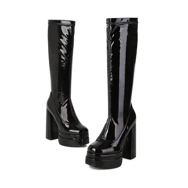 Botas hasta la rodilla de charol para mujer, tacones súper altos, cremallera lateral, botas de plataforma largas negras de invierno, talla grande 46 47 48 77-60