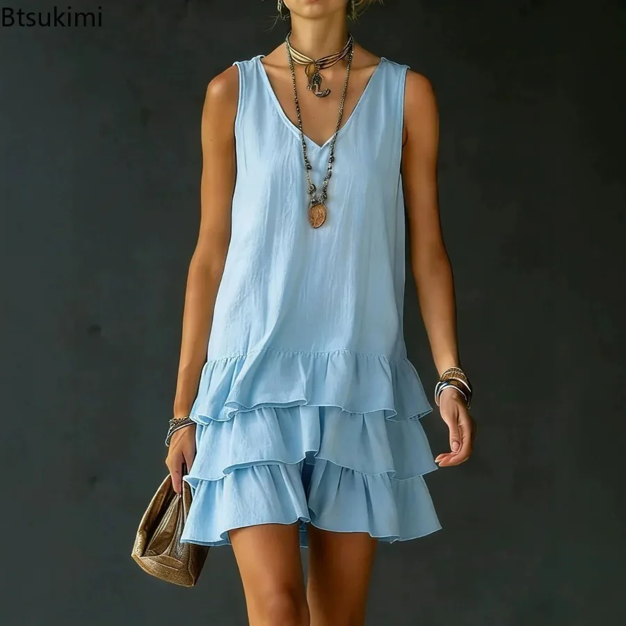 2026 Summer Women's Loose Sundresss Fashion Solid V Neck Sleeveless Patchwork Three Layer Cake Dress Ladies Mini Party Dresses