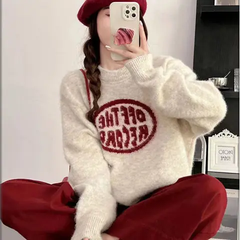 Letter Knitted Sweater Korean Lazy Wind Thickened Loose Autumn Winter College Wind Wearing Outside Putting On Atmosphere Top