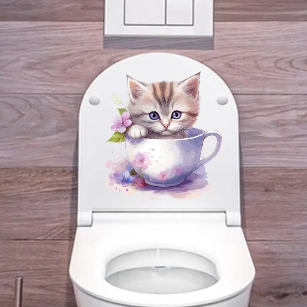 Cartoon Cat Toilet Sticke Self-adhesive Adorable Cat Wall Decals Waterproof Cartoon Bathroom Mural Decorative Sticker