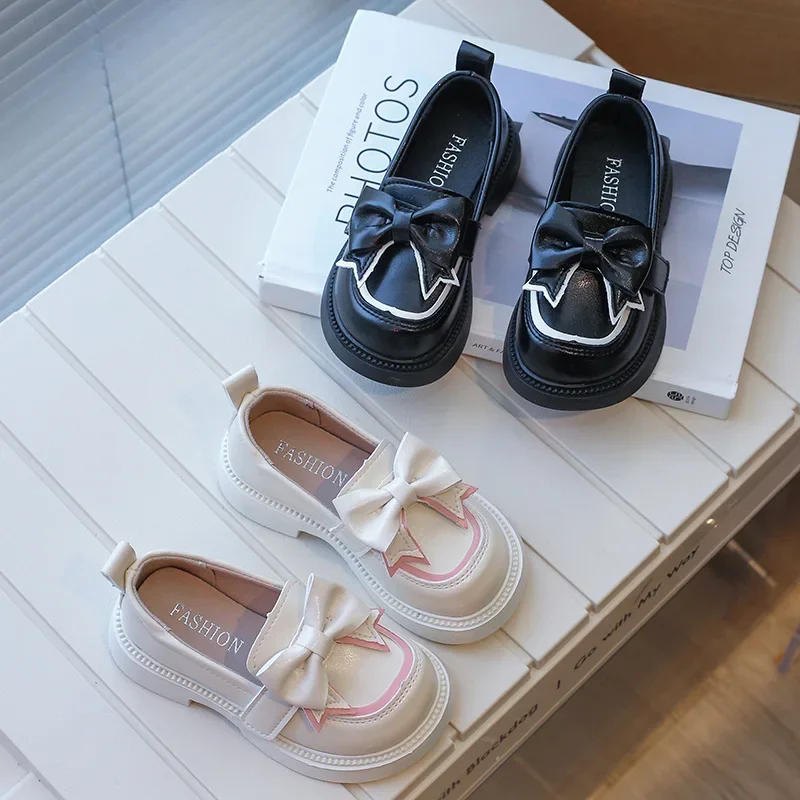 

2024 Spring UK Style Children Leather Shoes for Girl New Bow Princess Comfortable Non Slip Soft Sole Children's Single Shoe