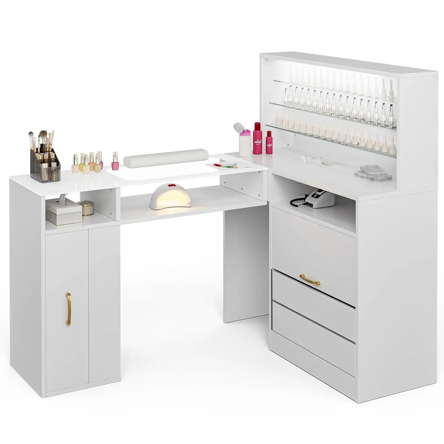 #L-Shaped LED Manicure Table Glass Top 2 Shelves Upward Door 3 Drawers Wrist Cushion Corner Station Customized