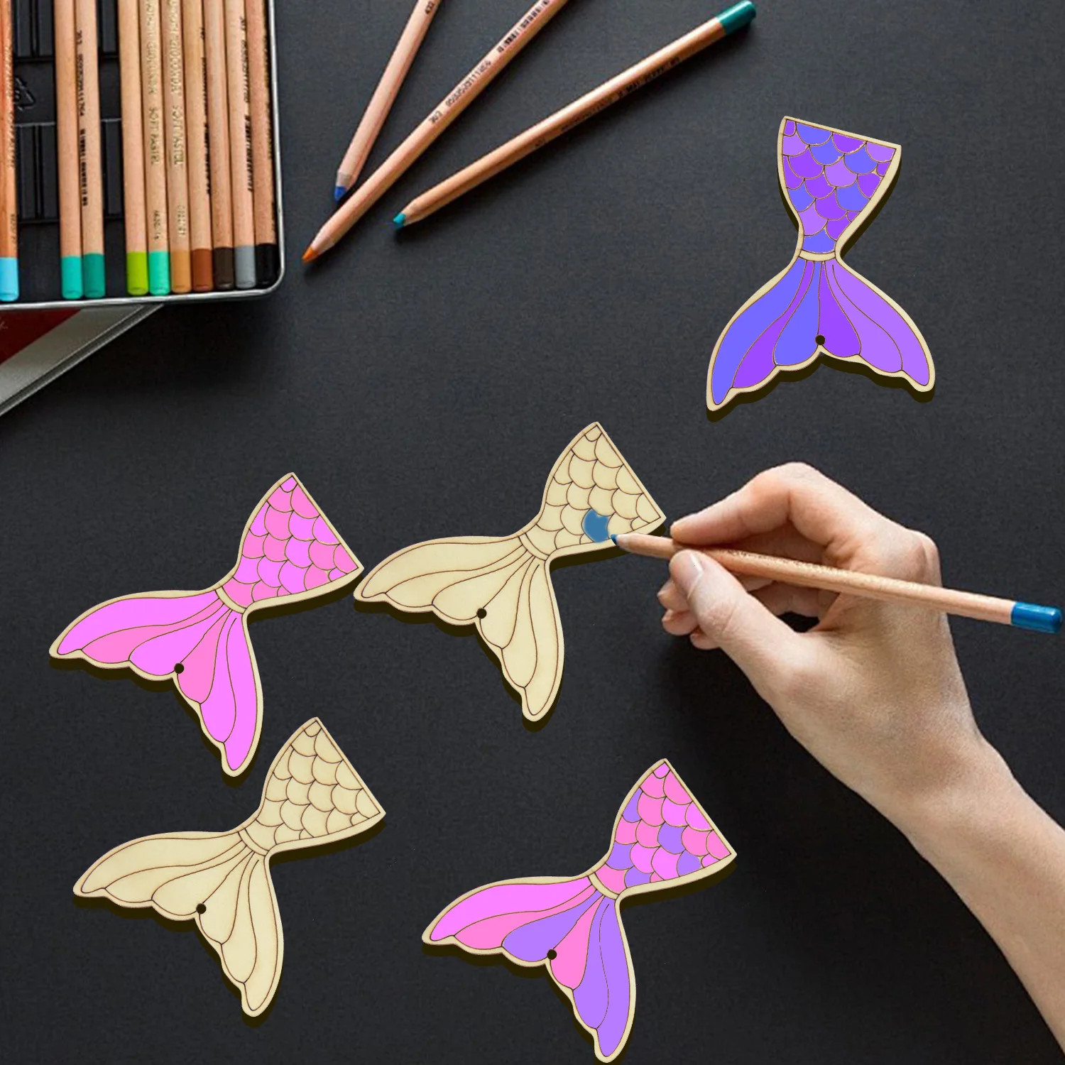 10pcs Wooden Mermaid Tail Ornaments Cartoon Laser Cut Unpainted Tail Crafts for Summer Mermaid Birthday Party Decorations