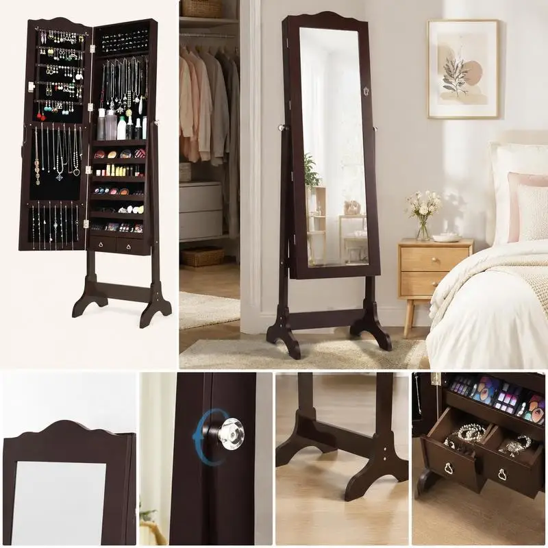 Armoire à bijoux autoportante avec miroir pleine longueur, construction en MDF avec doublure en velours, 4 angles d'inclinaison réglables, rangement verrouillable pour bagues et colliers, finition café