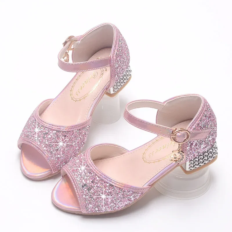 Girls Cinderella Shoes Kids Party Princess Dress Leather Wedges Girls Slip On blue pink sliver sandal Girls Shoes