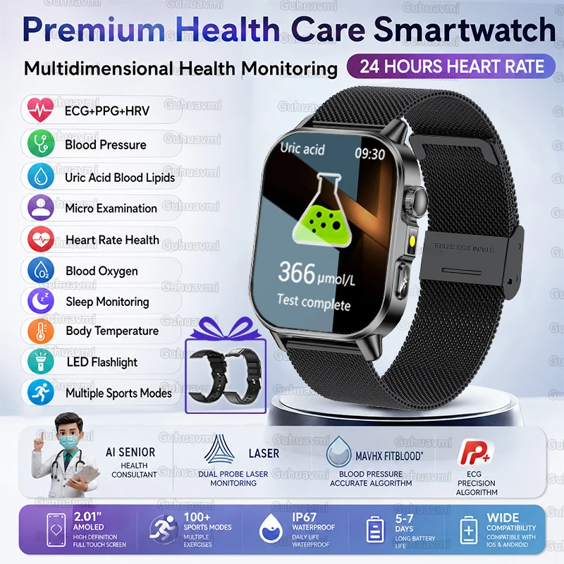 2026 Neue EKG+PPG Smartwatch für Gesundheitsdiagnose, Überwachung, Körperanalyse, Blutdruck, Lipide, Harnsäure – Gesundheits-Smartwatches für Herren